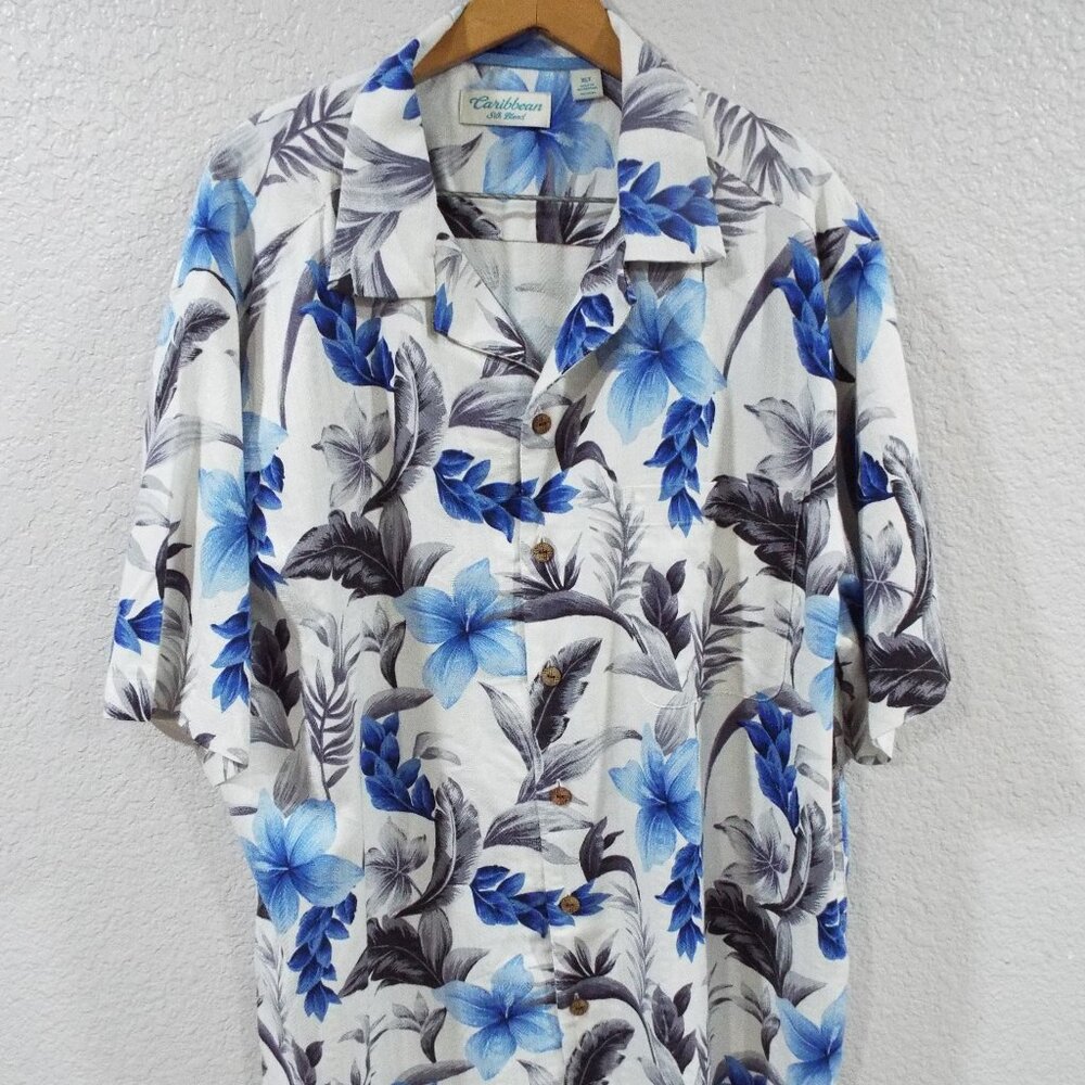 Caribbean Silk Blend Men's White Blue Floral Print Button Up Hawaiian Shirt XLT